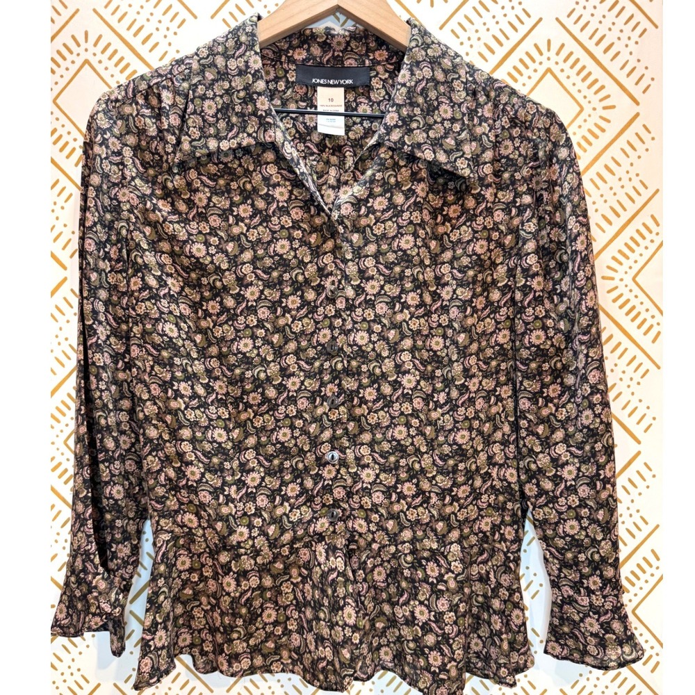 Jones New York 100% Silk Blouse Women 10 Ditzy Floral Bell Sleeve Peplum Ruffle